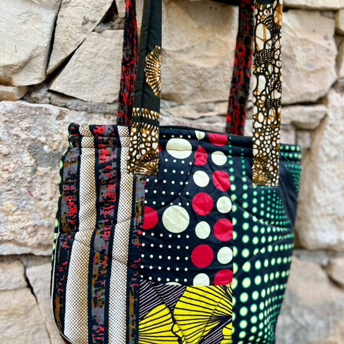 Handmade reversible patchwork shoulder bag, black multicolor