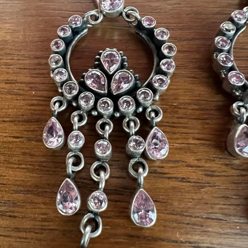 Silver chandelier earrings used with pink semi-precious stones