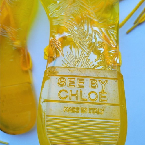 See By Chloe yellow jelly sandals with adjustable wrap ties, size 38