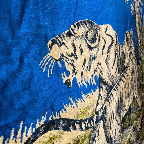 Large vintage tapestry with tigers and elephants on blue background like new