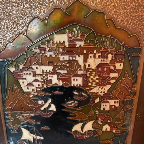 Vintage embossed wall plaque with Greek island landscape, wooden base like new