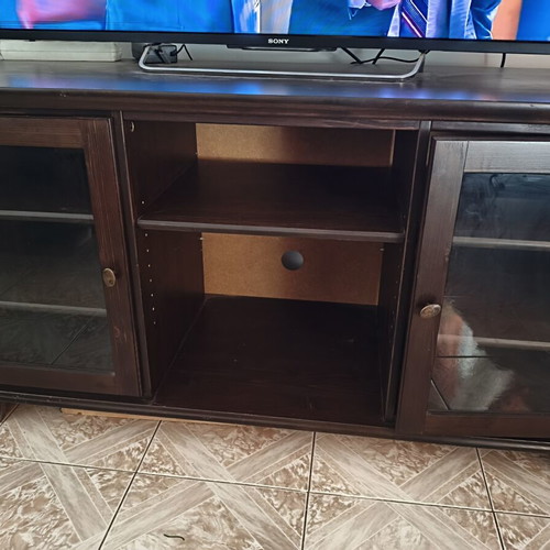 TV cabinet used, dark brown wenge with glass and adjustable shelves