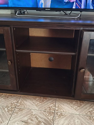 TV cabinet used, dark brown wenge with glass and adjustable shelves