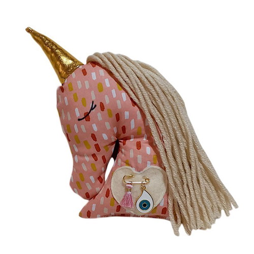 Newborn amulet unicorn salmon with safety pin, evil eye and tassel