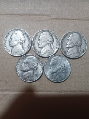Jefferson Nickel coins used, set of 5, 1939–2004, USA