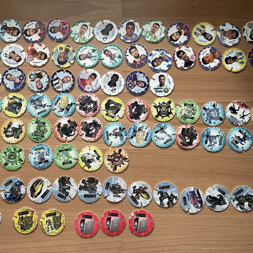 Cheetos collectible caps used, set of 80 with football, Monsuno, Transformers