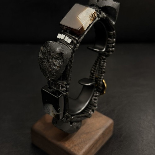 Men's Black Leather Bracelet with Meteorite and Natural Black Agate, New