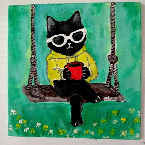 Coffee, Sun and Chill acrylic painting on canvas 13x13cm