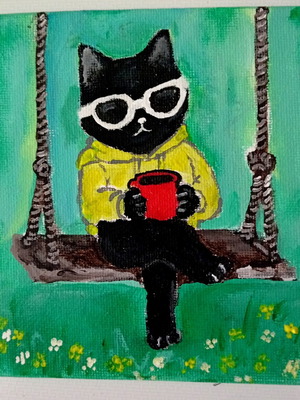 Coffee, Sun and Chill acrylic painting on canvas 13x13cm