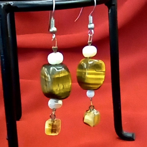 Vintage Handmade Tiger's Eye And Pearl Earrings 6 cm, like new