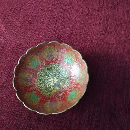 Indian brass bowl used with colorful enamel peacock design