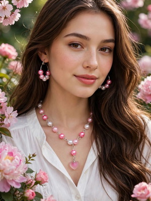 Handmade pink and white beaded summer necklace and earrings set