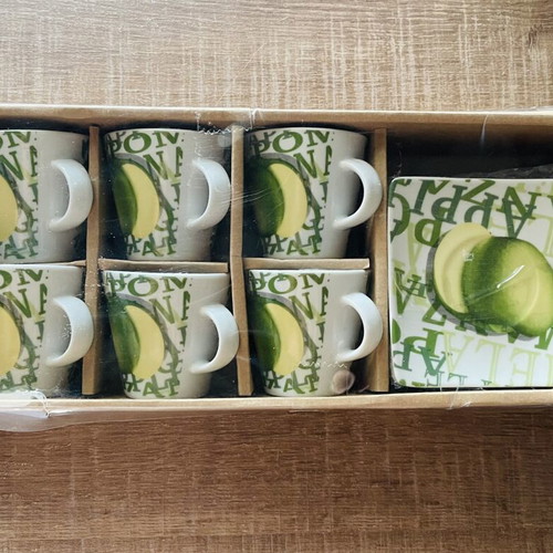 Porcelain coffee cup set with saucers, green apple design, new, 6 pieces