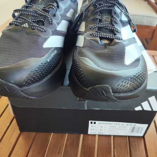 Adidas Evo SL ATR running shoes size 43.5, water-repellent, black with silver stripes