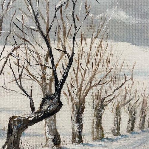 Oil painting used snowy landscape with frame and linen mat