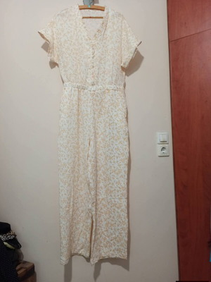 Summer jumpsuit like new, cotton, size L, white with yellow flowers