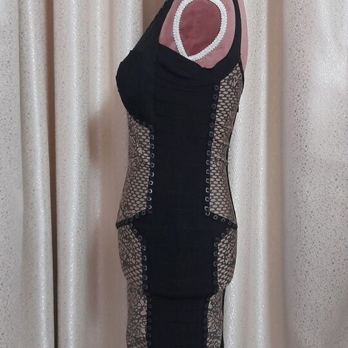 Allure bandage mini dress, black and beige