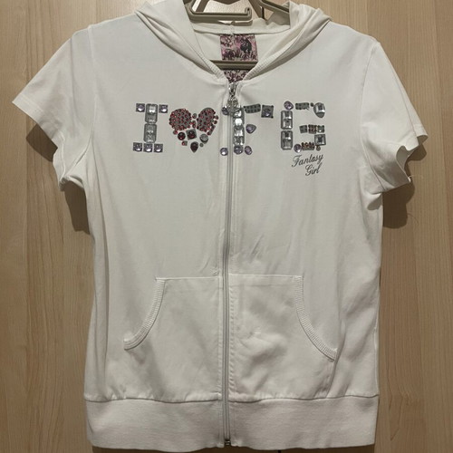 White cotton hoodie jacket with zipper and colorful beads print, like new