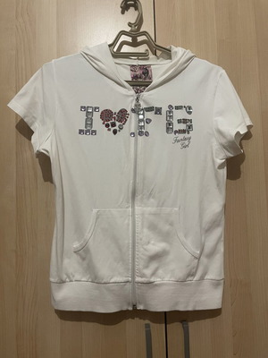 White cotton hoodie jacket with zipper and colorful beads print, like new