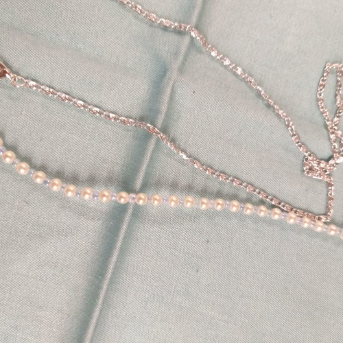 Glasses chain with white pearls and blue beads in silver color