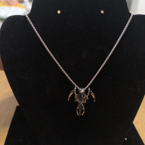 Gothic Grim Reaper Necklace with Double Scythes Silver Tone Pendant new