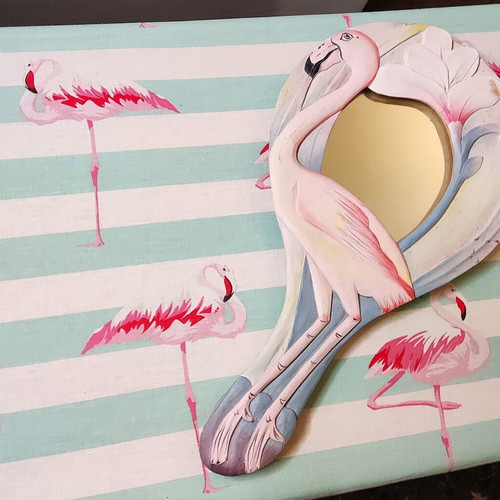 Vintage wooden hand mirror "Flamingo" like new, handmade