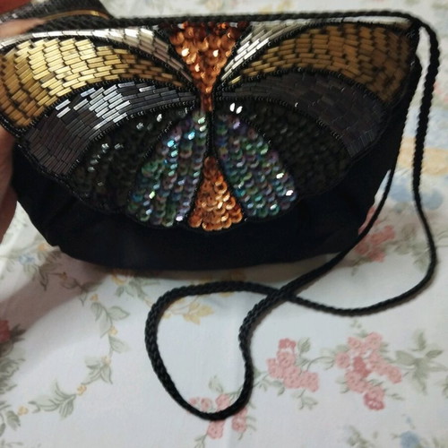 Satin shoulder bag like new with embroidered details black