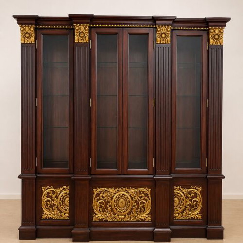 Display cabinet made of solid teak wood, new, handcrafted with gold details