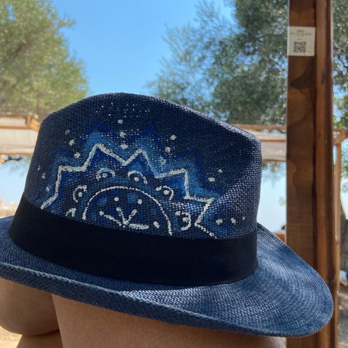 Hat blue with handmade painting new size 60