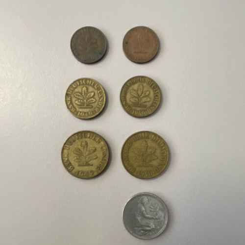 Collectible set of 7 Pfennig coins Germany 1949-1950 used