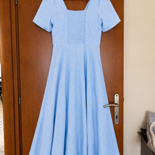 Blue cotton midi dress lined, size L, like new