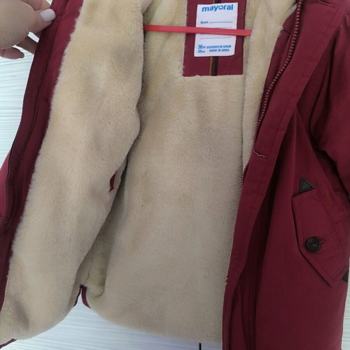 Mayoral jacket for boy 3 years like new, dark red with fur lining
