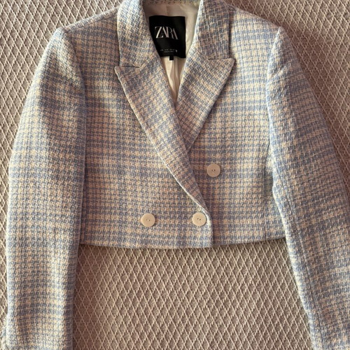 Zara crop jacket small, like new, white and turquoise