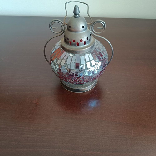 Decorative lantern with mosaic glass and metal frame used