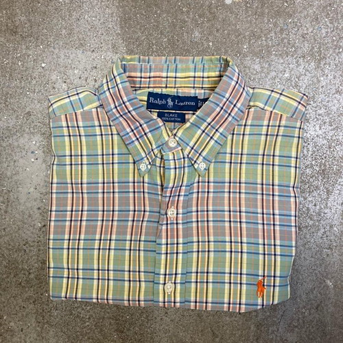 Ralph Lauren Fun Oxford Shirt L, blue yellow green plaid, orange pony