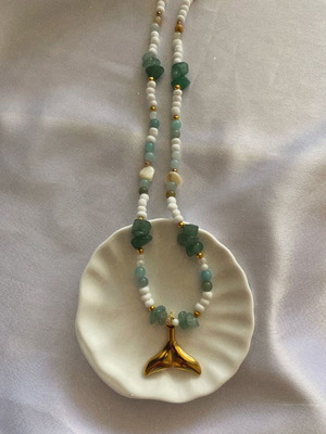 Handmade necklace with shell and amazonite Abysse new, white and green