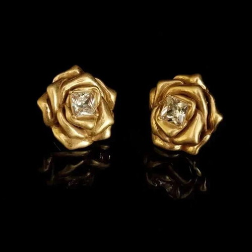 Vintage Gold Tone Rose Stud Earrings with Crystal