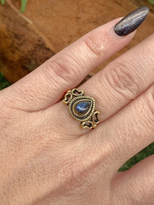 Labradorite crystal brass ring