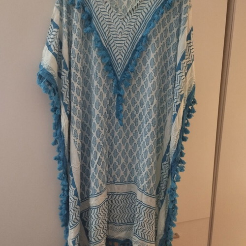 Long caftan new, white-turquoise, one size