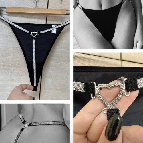 Intimissimi black satin t-string with silver rhinestone heart, brand new