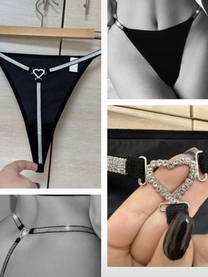 Intimissimi black satin t-string with silver rhinestone heart, brand new