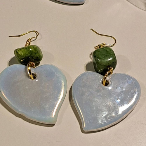 Earrings with ceramic white heart and green nephrite, like new