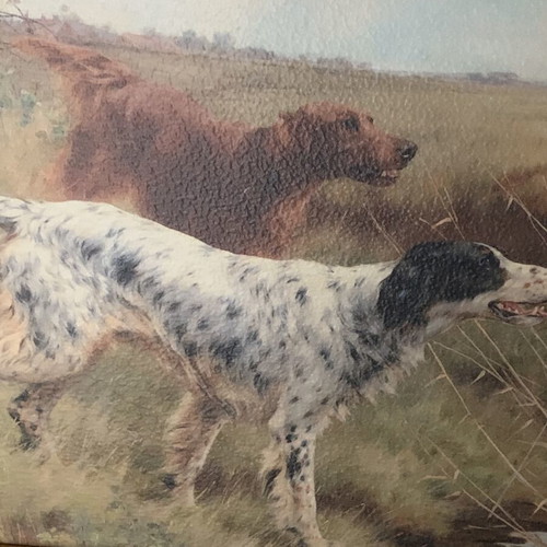 Oil painting on canvas by Thomas Blinks, setter dogs, like new