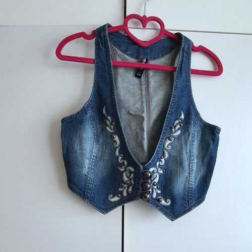 Denim vest new with embroidery and metal buttons, size S