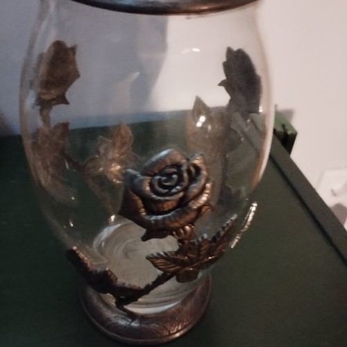 Vintage decorative vase with embossed roses tin/alpaca, 24cm