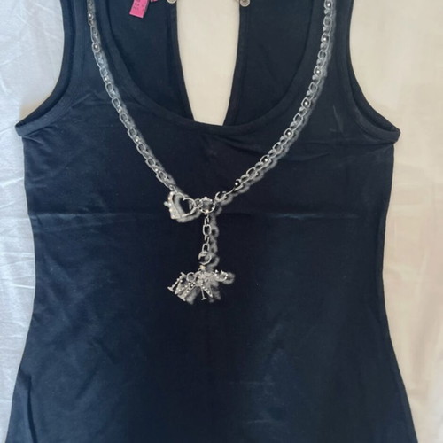 Mango black sleeveless top with chain, rhinestones & open back, used