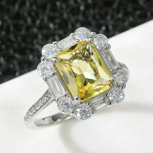 Ring with citrine and zircon, white gold plated, new