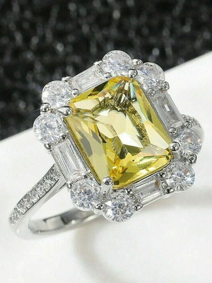 Ring with citrine and zircon, white gold plated, new