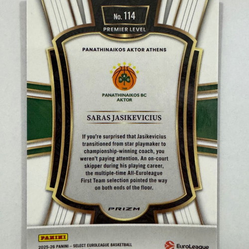 2025-26 Panini Select Euroleague Saras Jasikevicius Premier Red Cracked Ice Card new, authentic