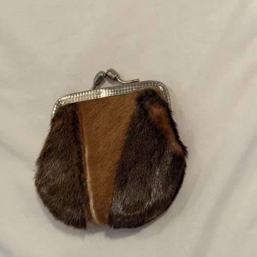 Vintage leather wallet used, natural leather and fur, brown